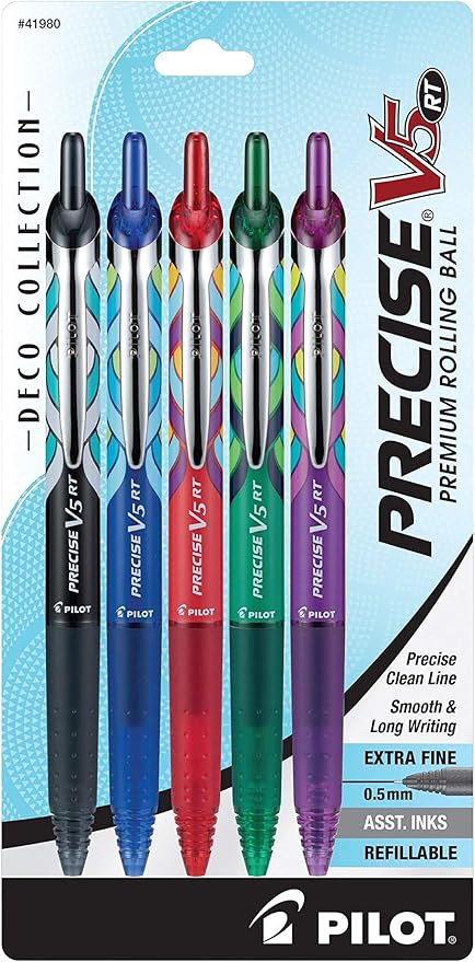 Pilot Precise V5 RT Refillable & Retractable Rolling Ball Pens, Extra Fine Point Pens, 0.5 mm, Assorted, Pack of 5 - Ideal for School, Journaling & Office Writing