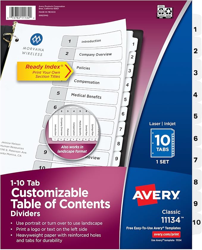 Avery Dividers for 3 Ring Binders, 10 Tabs per Set, Customizable Table of Contents, Classic White Tabs, Great for Organizing Reports, Projects, and More (11134)