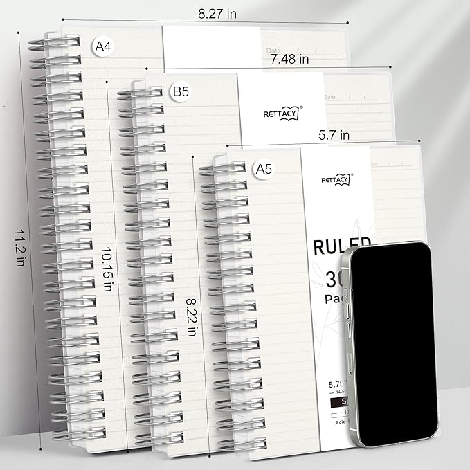 RETTACY Spiral College Ruled Notebook, 300 Pages, A4 Large Size (8.2" x 11.2"), for School, Work, Writing, Journaling, 100 GSM Thick Paper, Flexible Plastic Cover (Transparent)