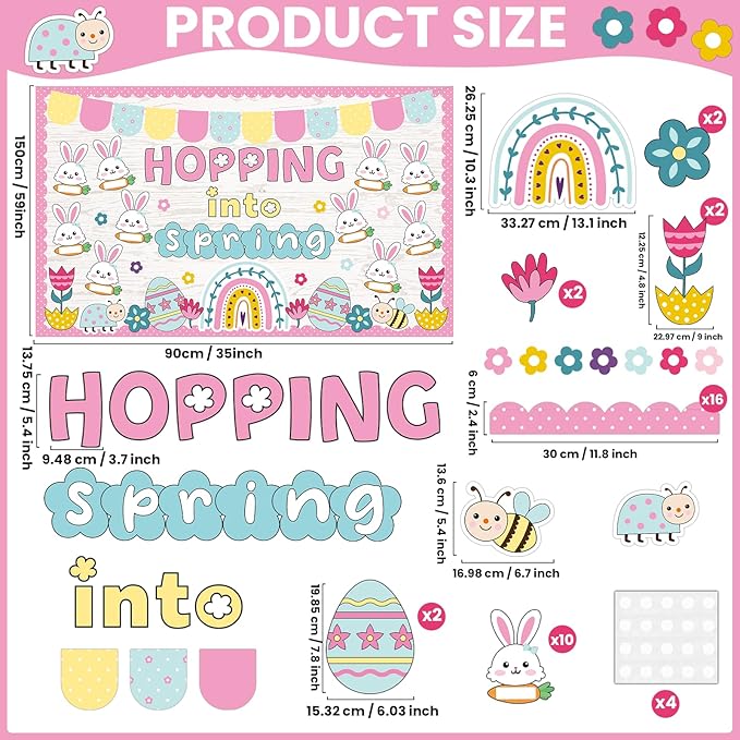 Easter Bunny Bulletin Board Set Hopping Into Spring Classroom Decor Easter Egg Flowers Rainbow Writable Rabbit Cutouts April Bulletin Board for Back to School Party Home Office Chalkboard Wall Decor