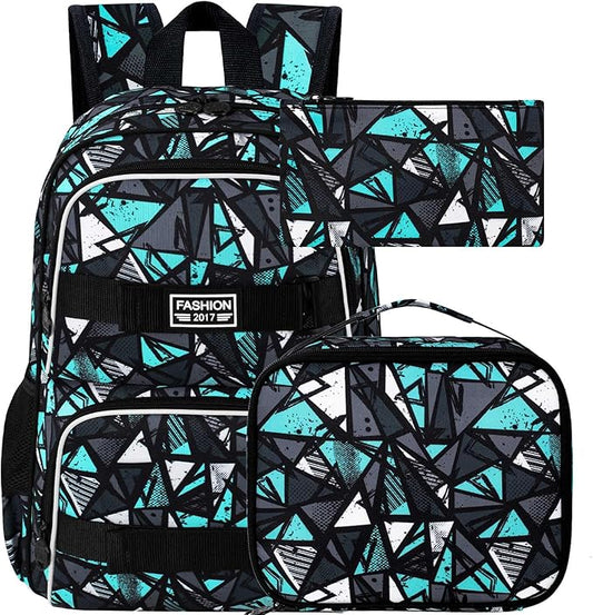 3PCS Boys Bookbag, 17" Water Resistant School Bag with Lunch Box, Cute School Bag Set for College Teenagers High Middle Elementary - Geometry White
