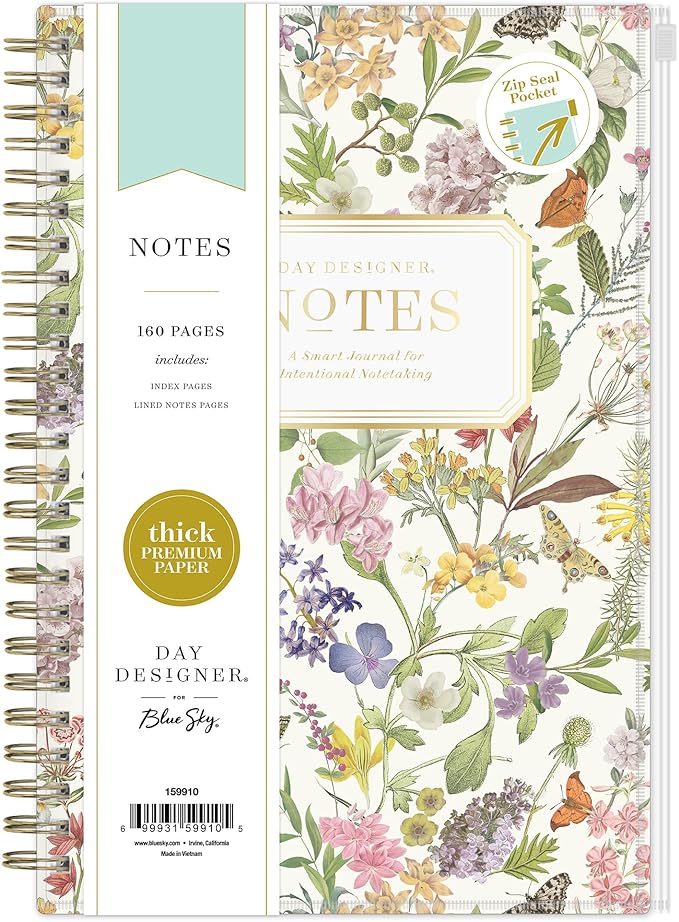 Blue Sky Day Designer Zip Pocket Cover Notebook, 5.75" x 8.5" Undated Journal, 160 Lined & Perforated Pages, Includes Index Pages, Gold Durable Twin Wire Binding, For Office and School, Butterfly Garden Cream