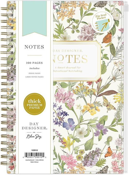 Blue Sky Day Designer Zip Pocket Cover Notebook, 5.75" x 8.5" Undated Journal, 160 Lined & Perforated Pages, Includes Index Pages, Gold Durable Twin Wire Binding, For Office and School, Butterfly Garden Cream
