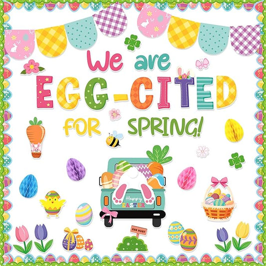 Konsait 67Pcs Easter Bulletin Board Decorations Set, Spring Flowers Borders 3D Eggs Cutouts for School Home Office, Easter Decorations