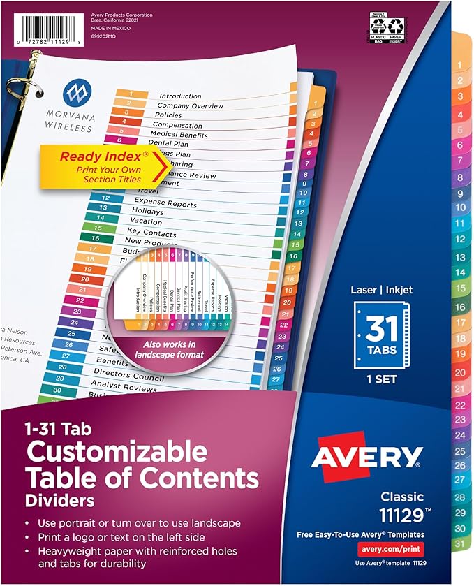 Avery 1-31 Dividers for 3 Ring Binders, 31 Tabs per Set, Customizable Table of Contents, Multicolor Tabs, Great for Organizing Reports, Projects, and More (11129)