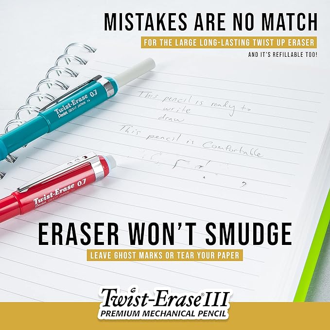 Pentel Twist-Erase III Mechanical Pencil, (0.5mm), Fine Line, Blue Barrel, Pack of 4 (QE515BP4C)