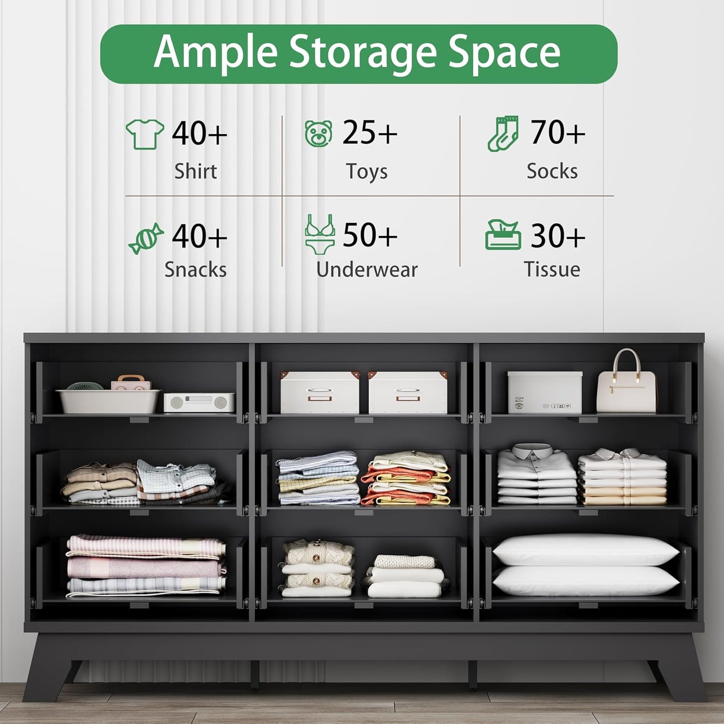 Fluted Dresser for Bedroom with 9 Drawers, 57" Wide Chest of Drawers with Metal Handle, Modern Wood Dresser TV Stand, Wooden Closet Clothes Storage Organizer for Living Room, Hallway, Black