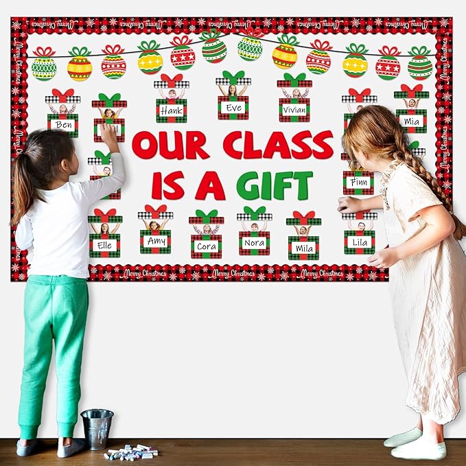 Christmas Bulletin Board Decoration Set Xmas Gift Boxes Cutouts Classroom Decoration Xmas DIY Photo Craft Cutouts Christmas Tree Bulletin Boards for Holiday School Class Chalkboard Wall Decor Supplies