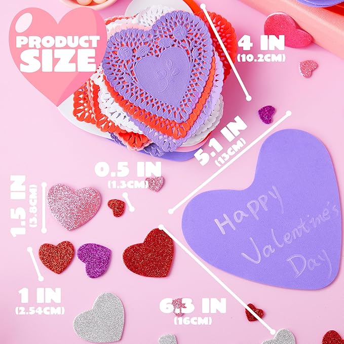 JOYIN Valentine Day 248 Pcs Heart Doilies Craft Gift Set with 200 Packs Heart Paper Doilies 48 Pcs Foam Crafts and 4 Bags of Glitter Foam Stickers for Valentine's Day Party Tableware Decoration