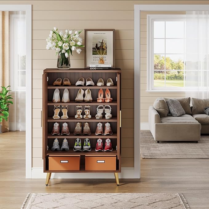 Tribesigns Entryway Shoe Cabinet with Doors, 6-Tier 24 Pairs Wooden Shoe Storage with Adjustable Shelves and Gold Legs for Living Room, Bedroom (Walnut)