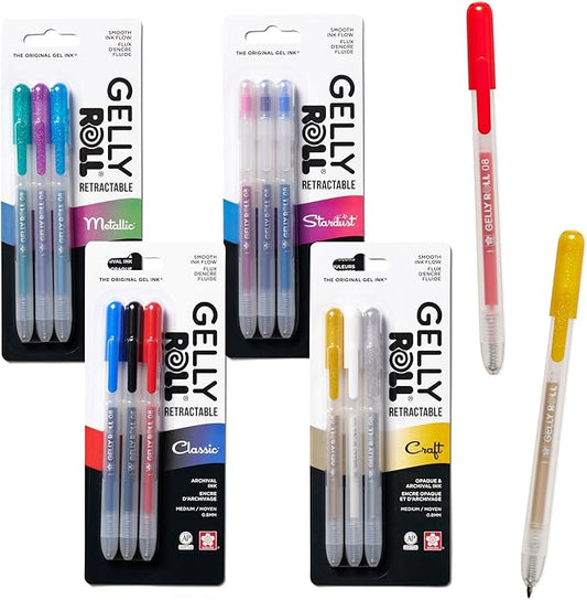 SAKURA Gelly Roll Retractable Gel Pens Colored - Classic, Craft, Stardust & Metallic - For Journaling, Art, or Drawing - Medium Point - With Assorted Colored Ink - 12 Pens