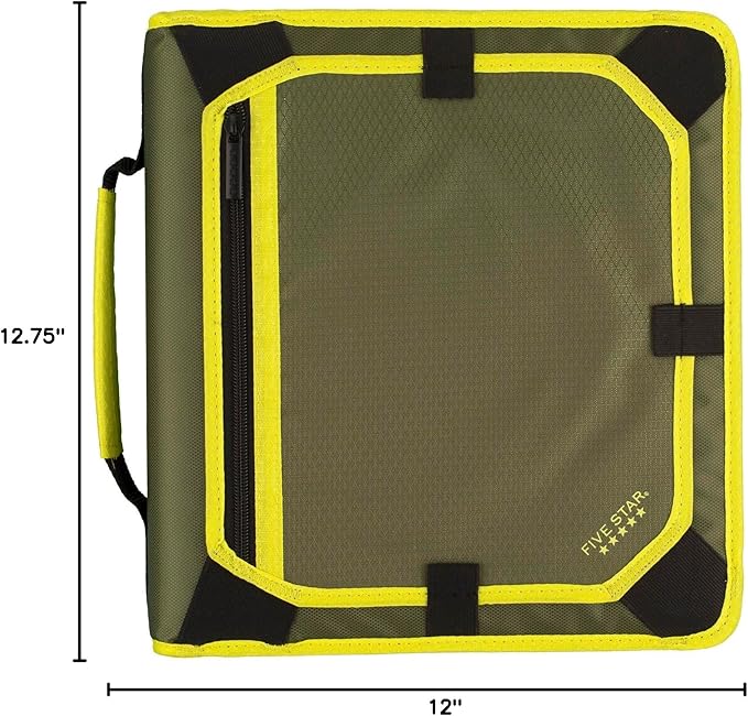 Five Star Zipper Binder, 2 Inch 3-Ring Binder with Round Rings, Expansion Panel and 5-Tab Expanding File, 580 Sheet Capacity, Olive/Citrus (290520C)