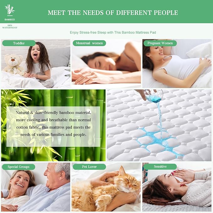 UNILIBRA Full Mattress Protector Waterproof Rayon from Bamboo, Deep Pocket Mattress Pad Cover Fit up to 6''- 19'', Breathable Soft Filling Quilted Fitted Mattress Topper
