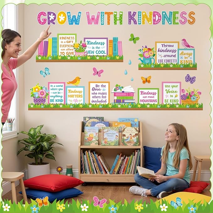 Qilery Grow with Kindness Bulletin Board Set Spring Classroom Decorations - Motivational Reading Posters for Teachers Elementary School Library Wall Decor Flower Book Cutouts for Kindness Week Display