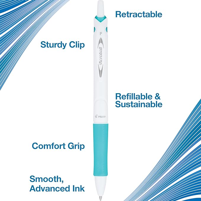 PILOT Acroball PureWhite Advanced Ink Refillable & Retractable Ball Point Pens with Turquoise/Orange/Purple/Lime/Blue Accents, Fine Point, Black Ink, 5-Pack (31861)