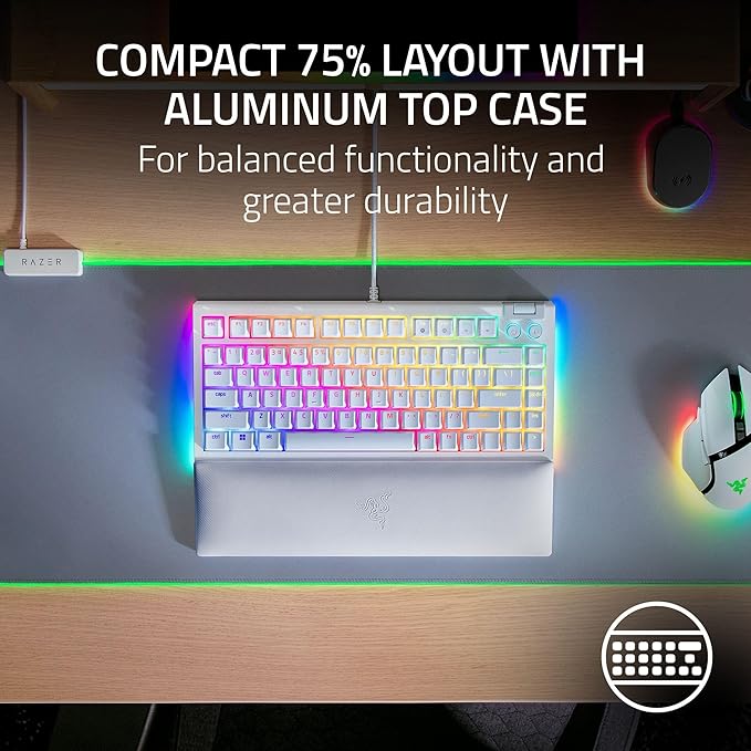Razer BlackWidow V4 75% Mechanical Gaming Keyboard: Hot-swappable Design - Compact & Durable - Orange Tactile Switches - Chroma RGB - MF Roller & Media Keys - Comfortable Wrist Rest - White (Renewed)