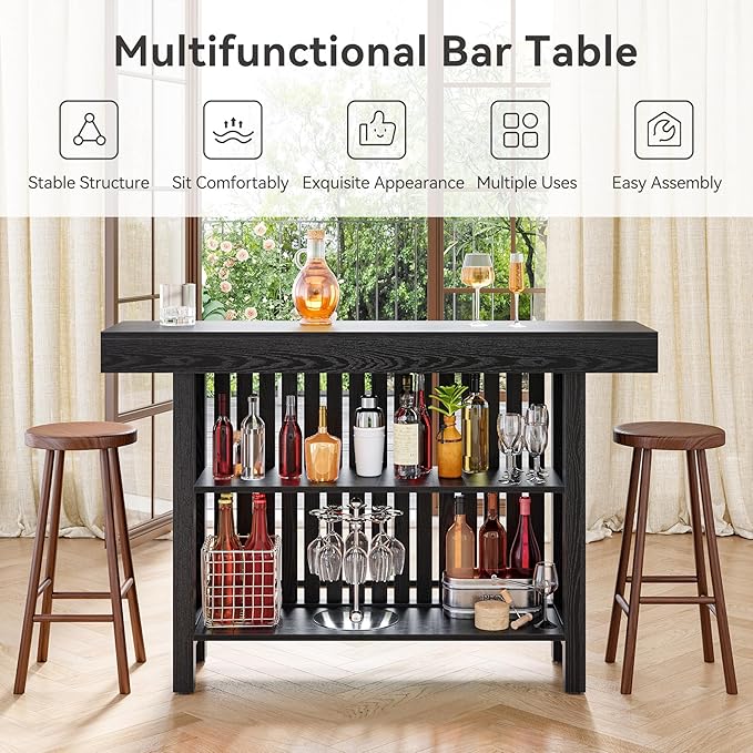 LITTLE TREE 63-Inch Home Bar Table, 2-Tier Storage Shelf Mini Bar Unit, Kitchen Pub Table, Small Indoor Bar Counter, Black