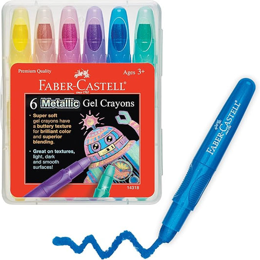 Faber-Castell Metallic Gel Crayons: 6 Vibrant Gel Crayons in Durable Storage Case: Twistable Art Supplies for Toddler Coloring, Kids Drawing and Arts and Crafts for Ages 3-4+