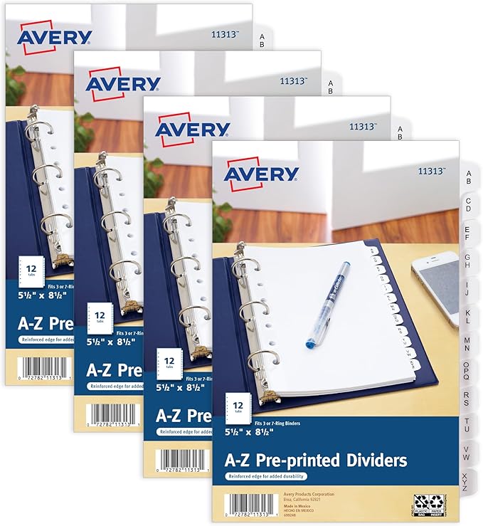 Avery A-Z Mini Dividers for 3 Ring Binders, 12 Tabs per Set, 8.5" x 5.5", Pre-Printed Tabs, 4 Binder Divider Sets, Great for Organizing Notes, Projects, Schedules, and More (43131)