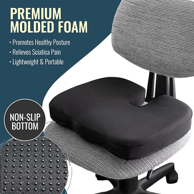 DMI Seat Cushion For Sciatica Pain Relief and Tailbone Pain, Office Desk Chair Cushion For Sitting, Car Seat Cushion, Sitting Pillow, Molded Foam Seat, Black