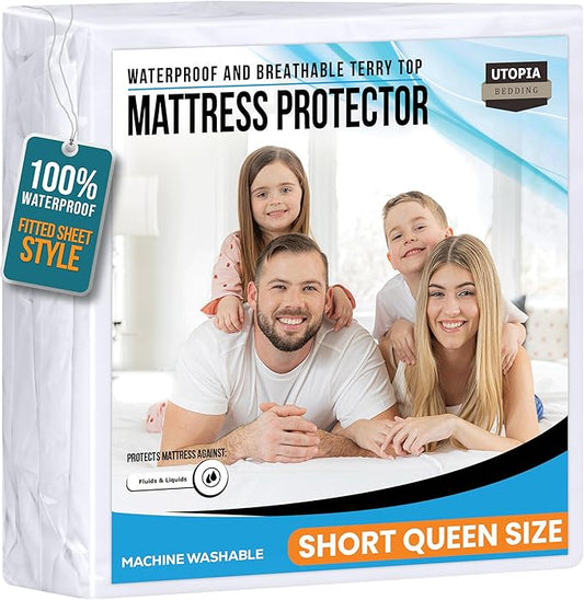 Utopia Bedding Waterproof Mattress Protector Short Queen Size, Premium 200 GSM Terry Mattress Cover, Soft & Breathable Bed Cover, Fitted Sheet Style with Stretchable Deep Pockets 17" (White)