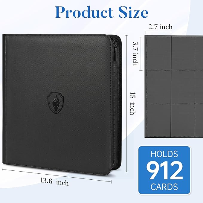 Premium Zip Card Binder 12 Pocket, Fabmaker 912 Pockets Trading Card Binder, PU Zipper Card Collection Album, Sturdy Side-Loading Card Book Holder for Game & Sports Cards, Navy Blue