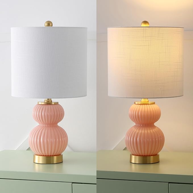 JONATHAN Y 20" Pink/Brass Gold Ribbed Gourd Glass Table Lamp, Modern Bedside Lamp for Bedroom Living Room, White Linen Drum Shade, LED Bulb Included (JYL1099B)