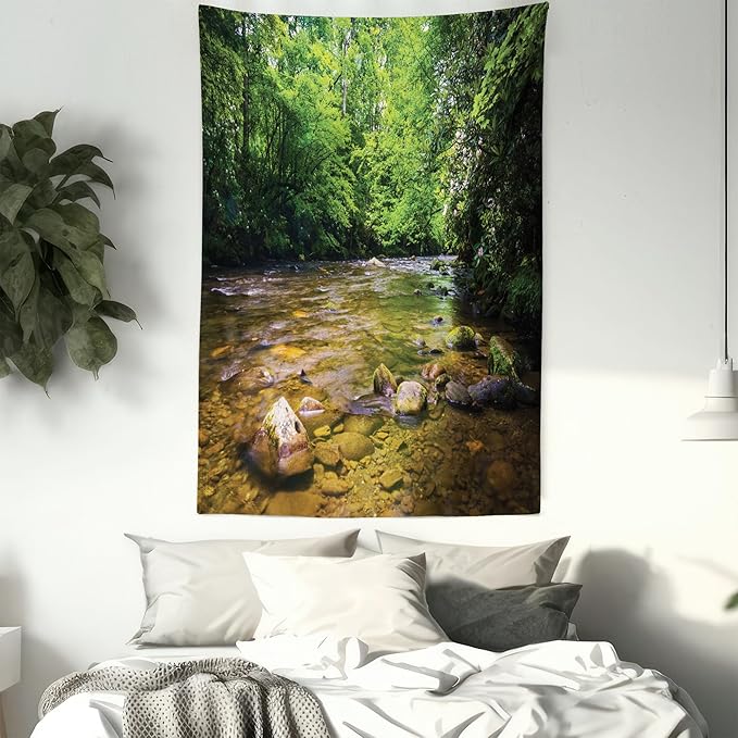 Ambesonne Appalachian Tapestry Twin Size, Oconaluftee River at Smoky Mountains National Park, Wall Hanging Bedspread Bed Cover Wall Decor, Twin Size, Lime Green Charcoal Grey
