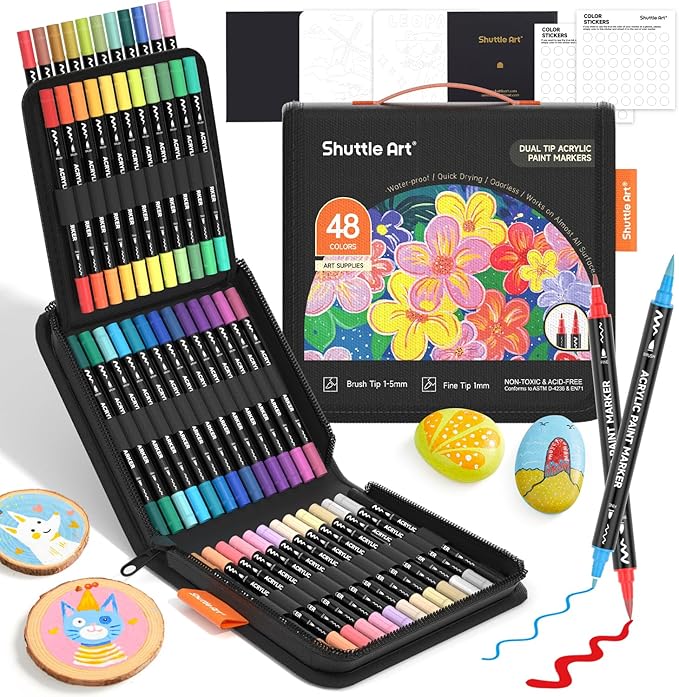 Shuttle Art 48 Colors Dual Tip Acrylic Paint Markers, Brush Tip and Fine Tip Acrylic Paint Pens for Rock, Ceramic, Wood, Canvas, Plastic, Glass, Stone, Calligraphy, Card Making, Crafts & Nail Art
