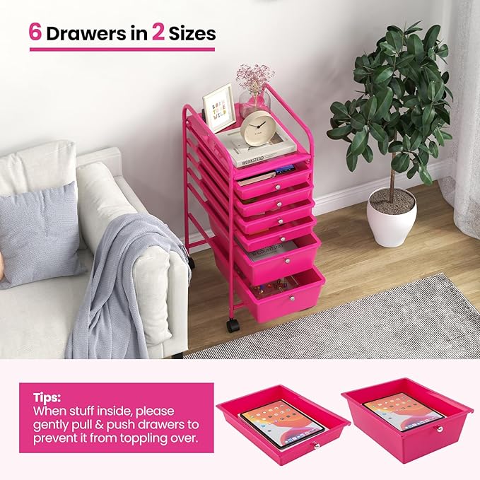 COSTWAY 6-Drawer Rolling Storage Cart, Multifunctional Art Craft Tools Organizer on Wheels, Heavy Duty Utility Mobile Storage Trolley w/ 2 Lockable Wheels for Home Office School, Hot Pink