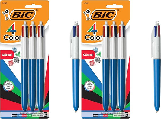BIC 4-Color Original Retractable Ball Pens, Versatile 1.0mm Medium Point, Long-Lasting Ink, Great Gift Idea, 3-Count in Assorted Colors, (Pack of 2)