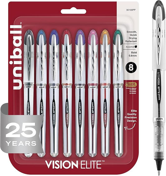 uni-ball® Vision™ Elite™ Liquid Ink Rollerball Pens, Bold Point, 0.8 mm, Black Barrel, Assorted Ink Colors, Pack Of 8