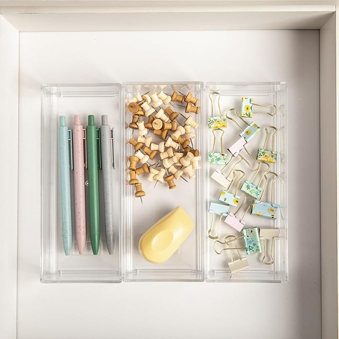 Martha Stewart Brody Desktop Storage Organizer, Stack and Slide Plastic Organizer Tray, Organizer for Office, Kitchen, or Vanity, 3" x 7.5", Clear