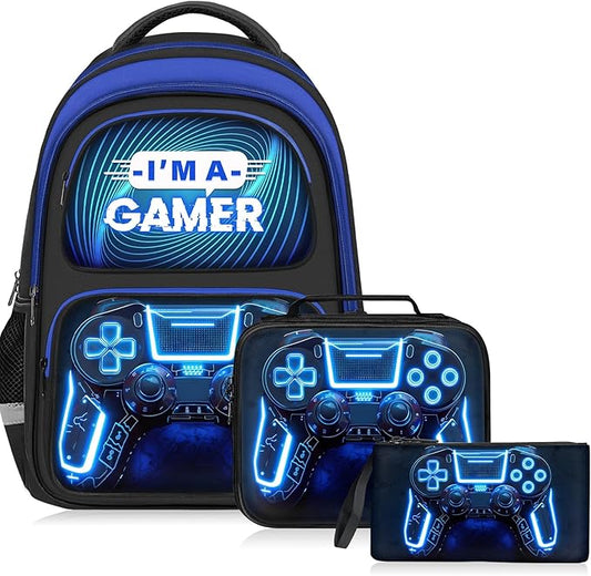 School Backpack for Boys - 3pcs Gamer Boys Backpack with Lunch Box Set for Kids Teens Elementary Middle School - 17″ Video Game Bookbag Travel Back Pack for Age 6-18