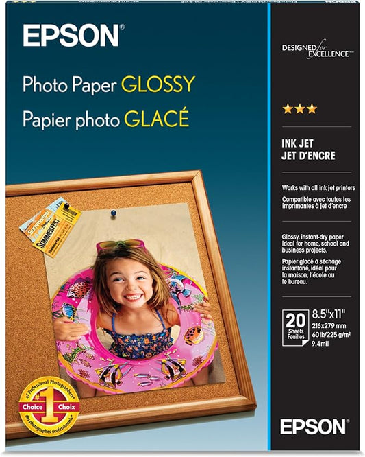 Epson Glossy Photo Paper, 8.5 x 11 Inches, 20 Sheets per Pack (S041141),White