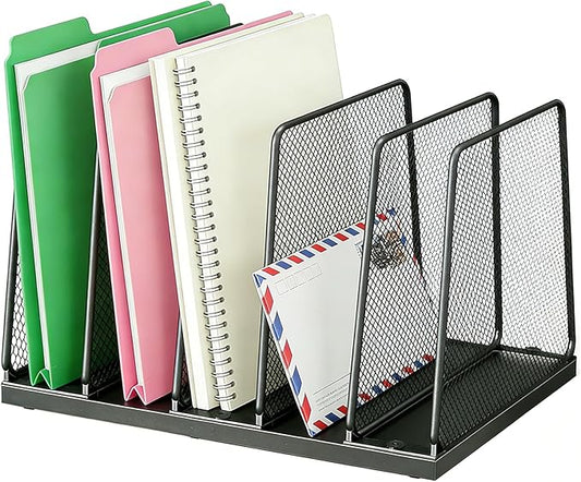 AUPSEN 5-Section Wooden Desktop File Organizer, File Sorter Storage Rack, Vertical File Holder for Office Supplies, Black