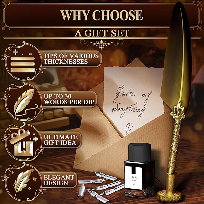 Antique Writing Quill and Ink Set – Stainless Steel Dip Pen Feather Quill Pen and Ink Set with 5 Spare Nibs, Anti-Slip Patterned Grip, Gift-Ready Box with Display Stand – Calligraphy Gift Set (Golden)