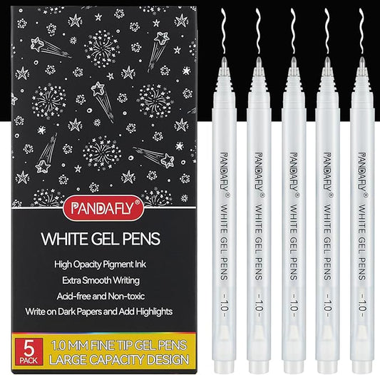 PANDAFLY White Gel Pens, 1 mm Extra Fine Point Gel Ink Pens, Opaque Archival Ink Pens for Black Paper Drawing, Sketching, Card Making, White Gel Pen for Art Highlight & Artists Drawing, 5 Pack