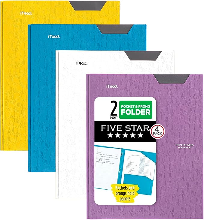 Five Star 2-Pocket Folder,Plastic Folder with Stay-Put Tabs and Prong Fasteners,Holds 8-1/2" x 11" Paper,Tidewater Blue,White,Amethyst Purple,Harvest Yellow (38064),(Pack of 24)