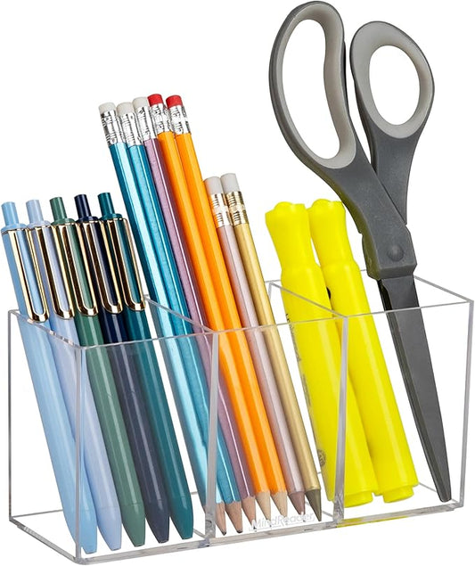 Mind Reader Pen and Accessories Holder, Desktop Organizer, Makeup Organizer, Office, Acrylic, 7"L x 2.5"W x 3.5"H, Clear