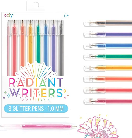 Ooly Radiant Writer's Glitter Gel Pens Set of 8 - Glitter Pens for Kids, Adults, Stationery and Art School Supplies