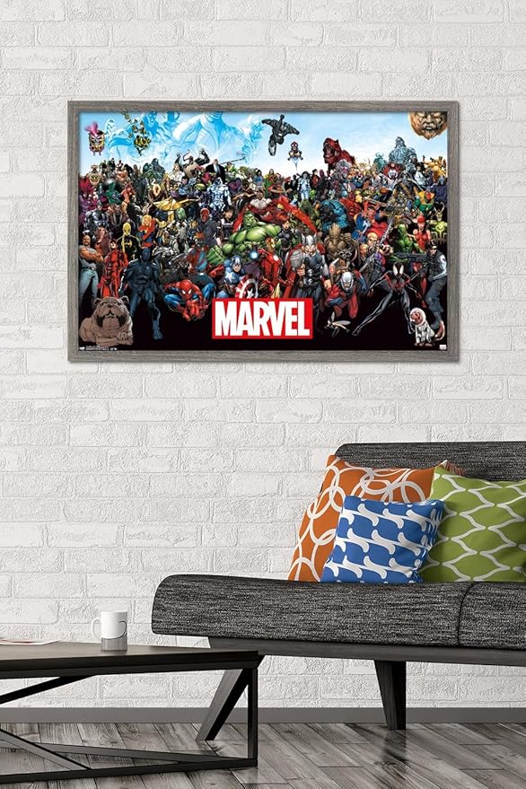 Marvel Comics The Marvel Lineup Wall Poster, 34L" x 22.4W", Barnwood Framed Version