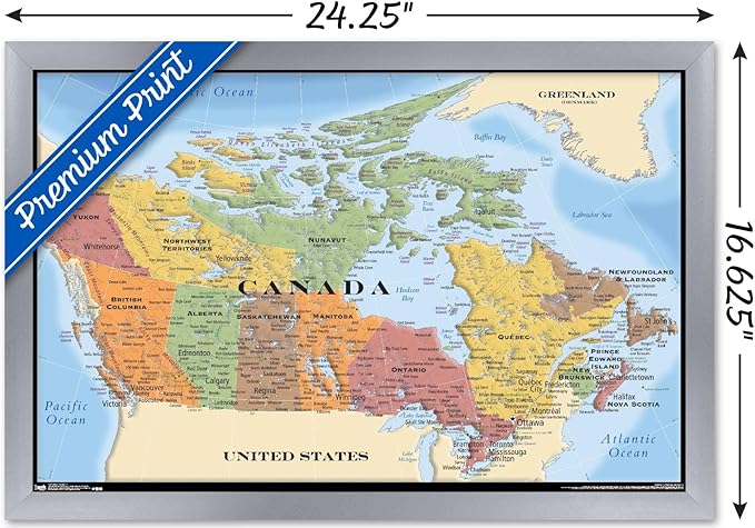Map - Canada Wall Poster, 22.4L" x 14.7W", Silver Framed Version