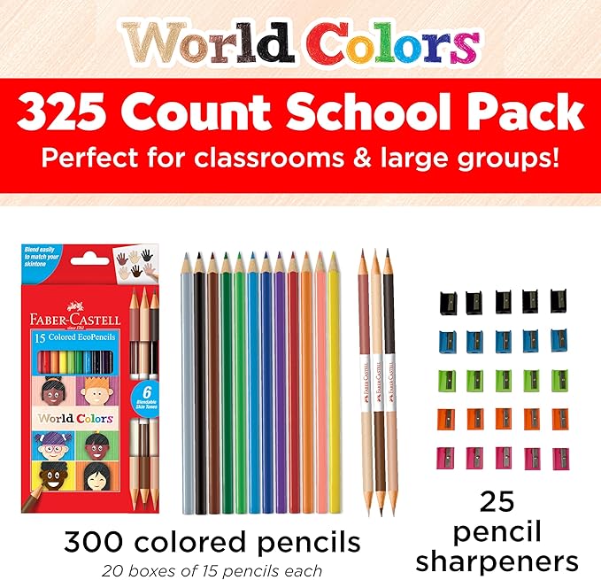 Faber-Castell World Colors Colored Pencil School Pack - Traditional & Skin Tone Colored Pencils - 300 Coloring Pencils and 12 Pencil Sharpeners