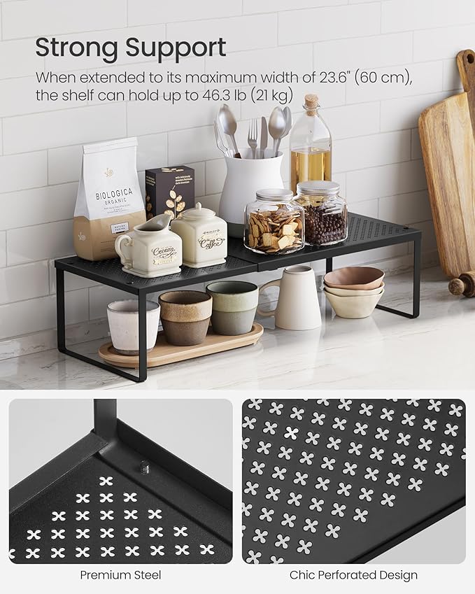 SONGMICS Set of 2 Expandable Pantry Kitchen Organizers, Adjustable Spice Rack, Stackable Cabinet Organizers, Metal, Space-Saving Tabletop Shelves, Matte Black UKCS402B01 (Pack of 2)