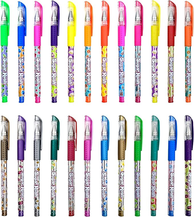 Scentos Sugar Rush Colored Gel Pens for Kids - Candy Scented Pens - Medium Point Gel Pens for Coloring - For Ages 4 and Up - 24 Count (Metallic Glitter)