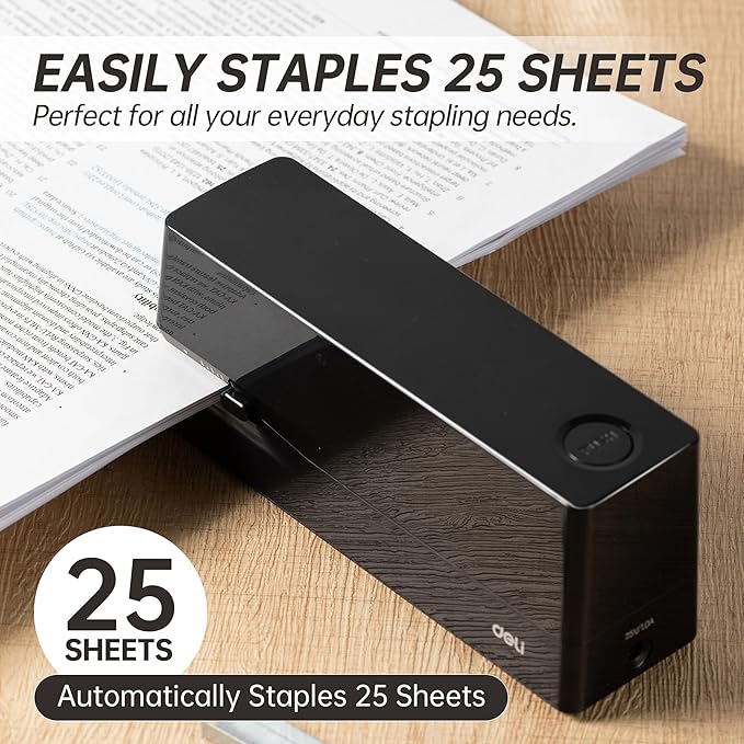 Deli Electric Stapler, Automatic Staplers for Desk with 2000 Staples & Staple Remover, 25-Sheet Capacity, No-Jam, AC or Battery Powered Staplers for Office Home School, Black