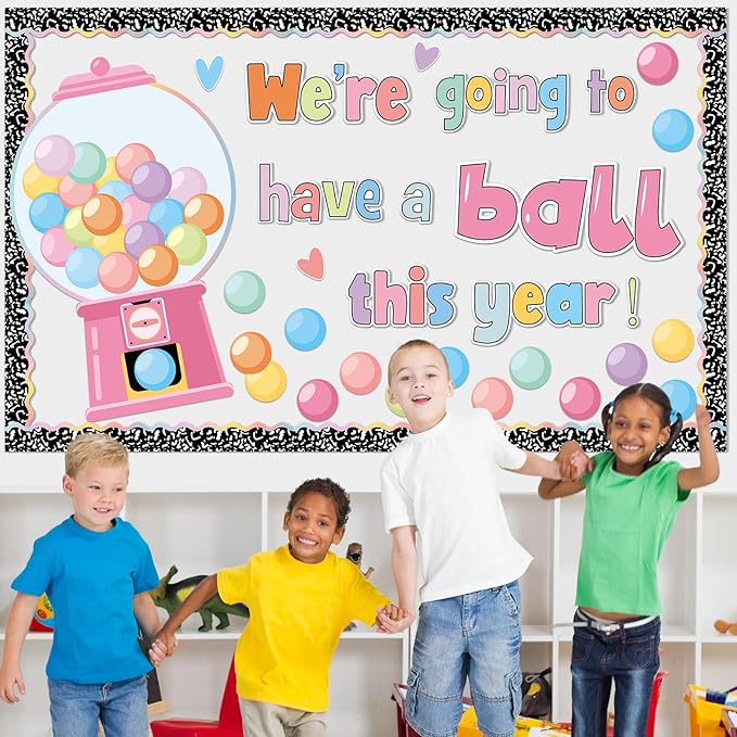 Gumball Machine Bulletin Board Decorations Set Pastel Bubble Gumballs Motivational Cutout with Composition Notebook Borders for Back to School Welcome Candy Theme Classroom Learning Activities Decor