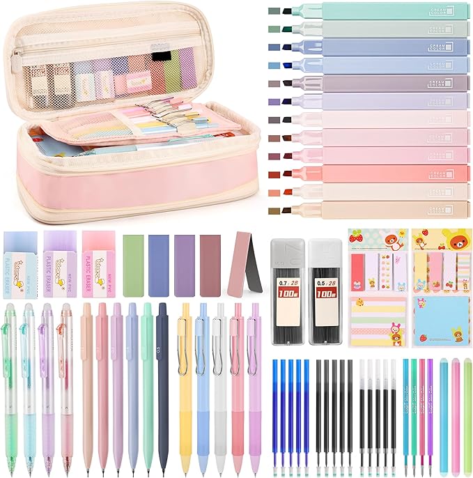 62PCS Aesthetic Stationery Set with Pencil Case, No Bleed Highlighters, Gel & Erasable Pens, Mechanical Pencils, Refills, Cute Supplies for Note Taking, Journaling & Bible Study, Pink