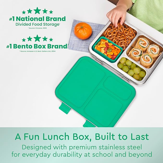 Bentgo Kids Stainless Steel Leak-Resistant Lunch Box - 3-Compartments with Bonus Silicone Container, Durable, Eco-Friendly, Dishwasher Safe, BPA-Free, Ideal for School, Ages 3+ (Green)